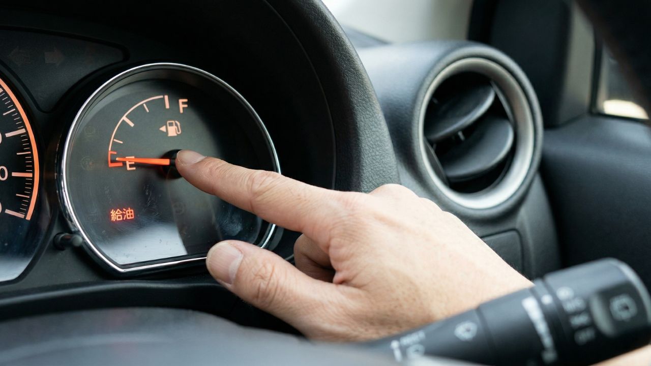 停車中にエアコンを使用した際のガソリン消費量とコストをイメージした、燃料計の実写写真