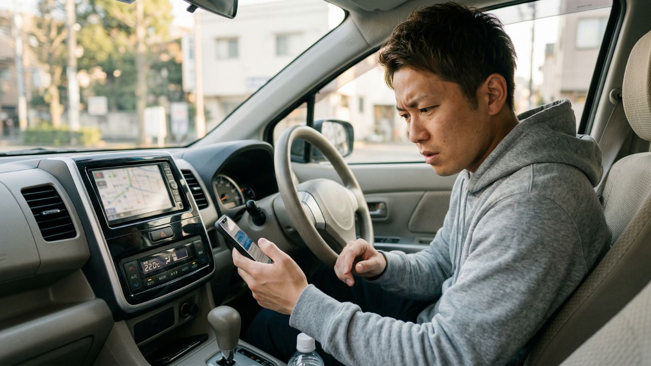 停車中のエアコン使用に関する疑問を解消する、Q&Aセクションをイメージした車内の人物写真