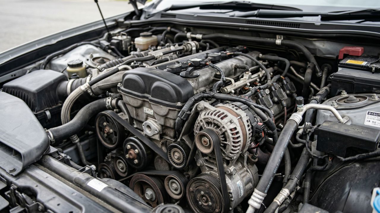 エアコンのコンプレッサーを動かすためにエンジンが稼働する仕組みを表現したエンジンルームの写真