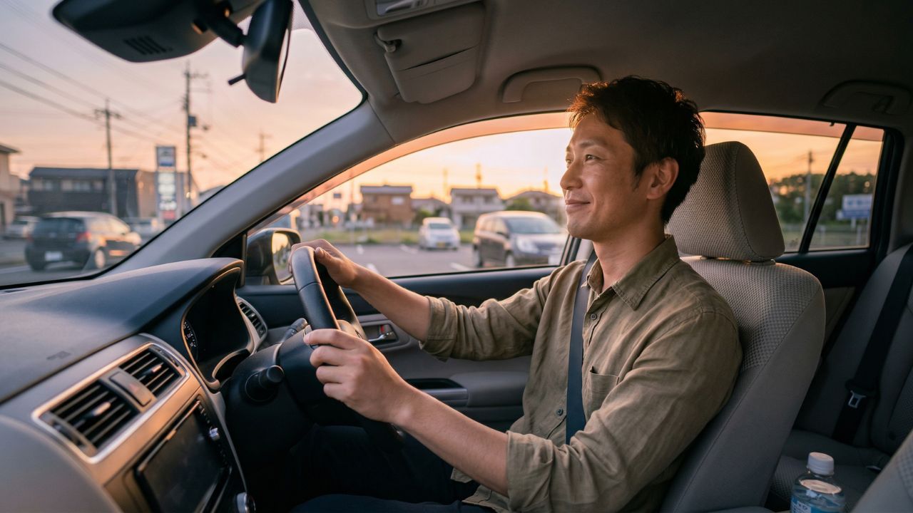 工夫してエアコンを使い、安全で快適なカーライフを送るドライバーの満足そうな表情の写真