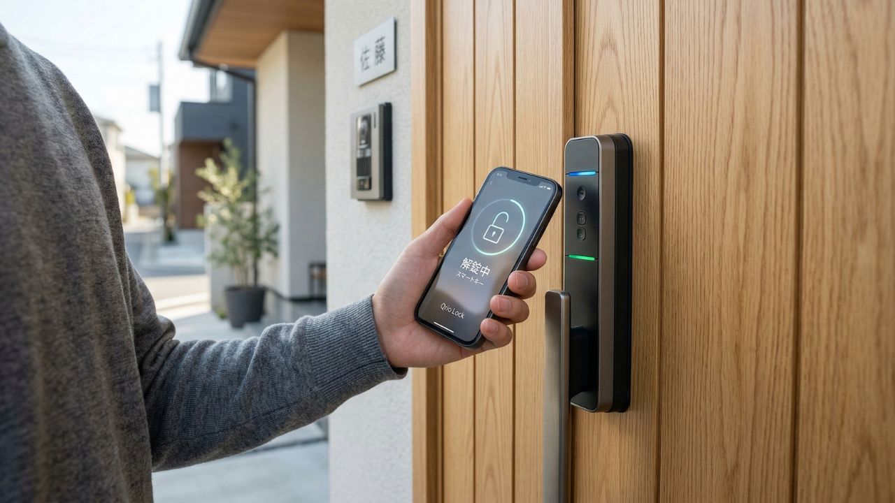スマートフォンで家の玄関を解錠する様子。物理的な鍵をなくすスマートロック導入のイメージ。