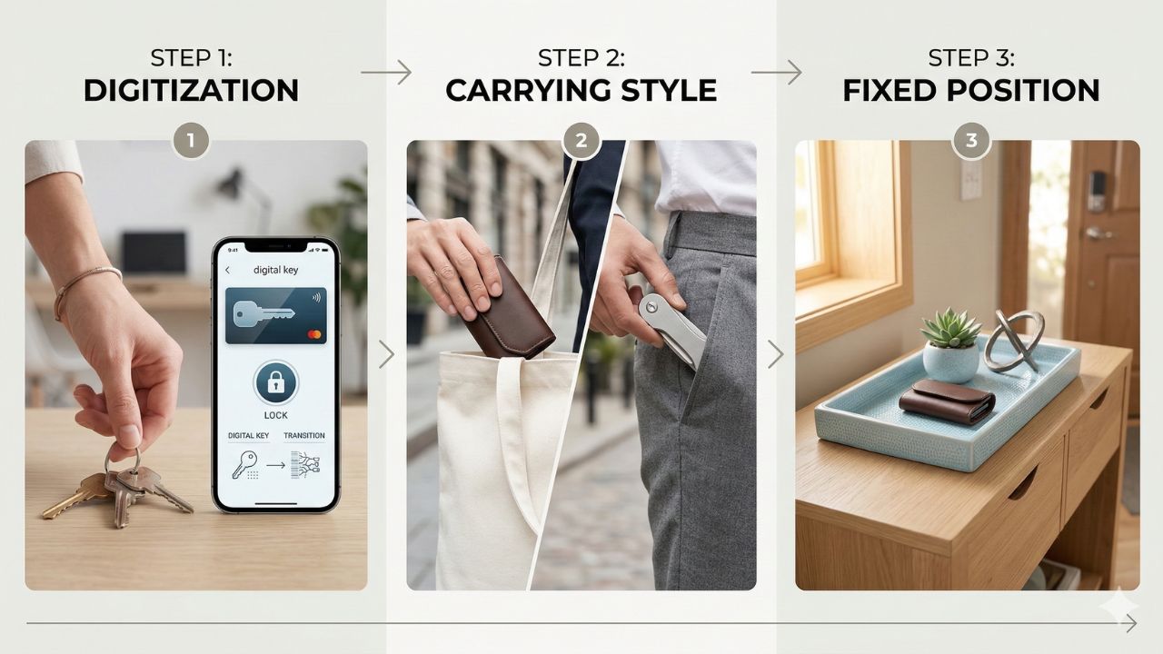 鍵の整理・持ち歩き方の選択・定位置の決定という、管理をスッキリさせる3ステップの図解イメージ。