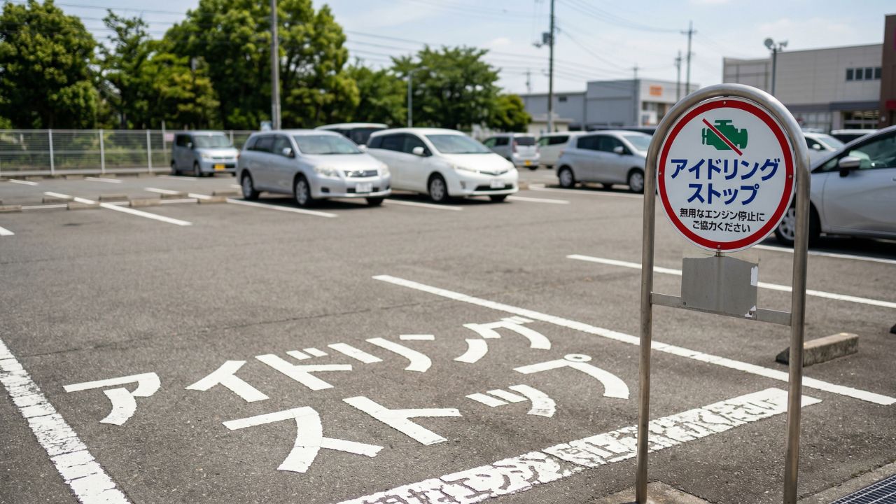 自治体の条例やマナーに基づきアイドリングストップを促す、駐車場の標識と路面表示の写真
