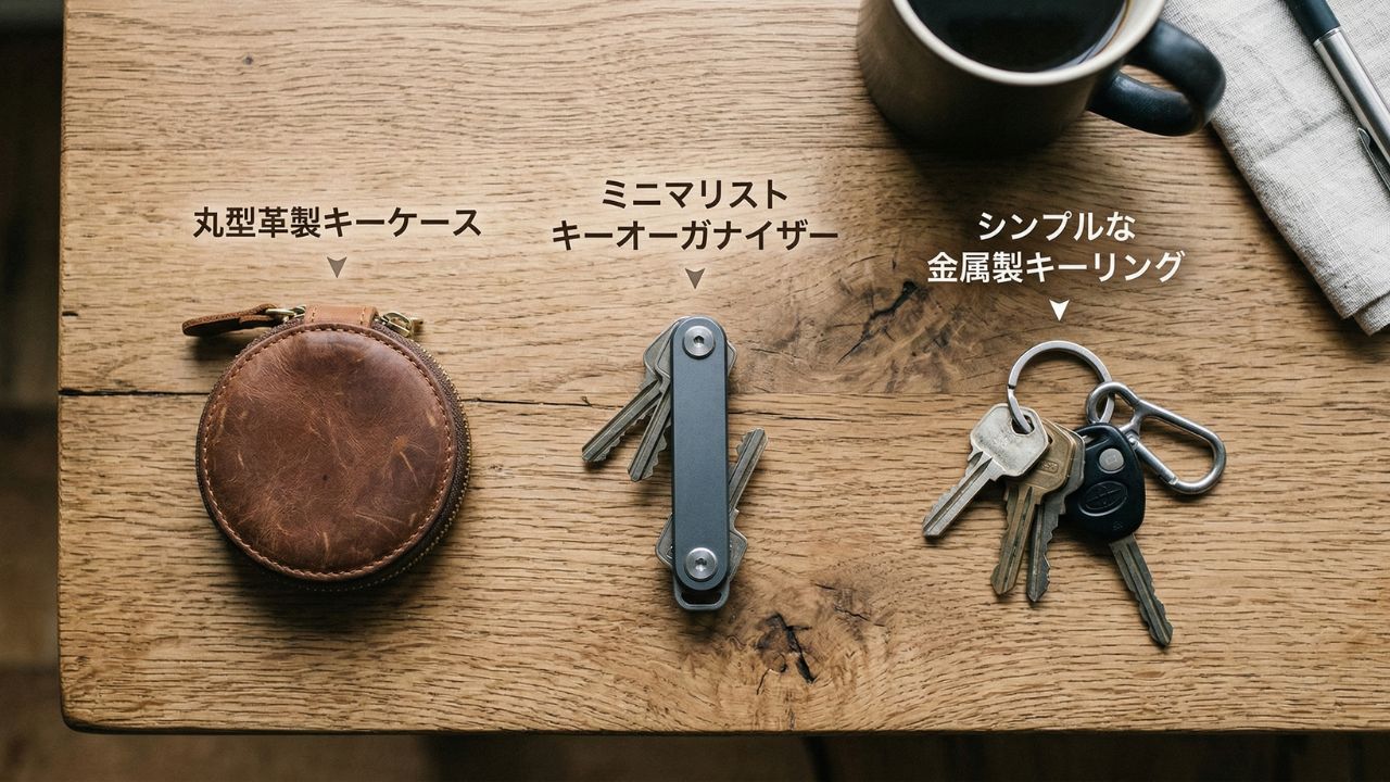 レザーケースやキーオーガナイザーなど、鍵をまとめるための様々な収納アイテムの比較イメージ。
