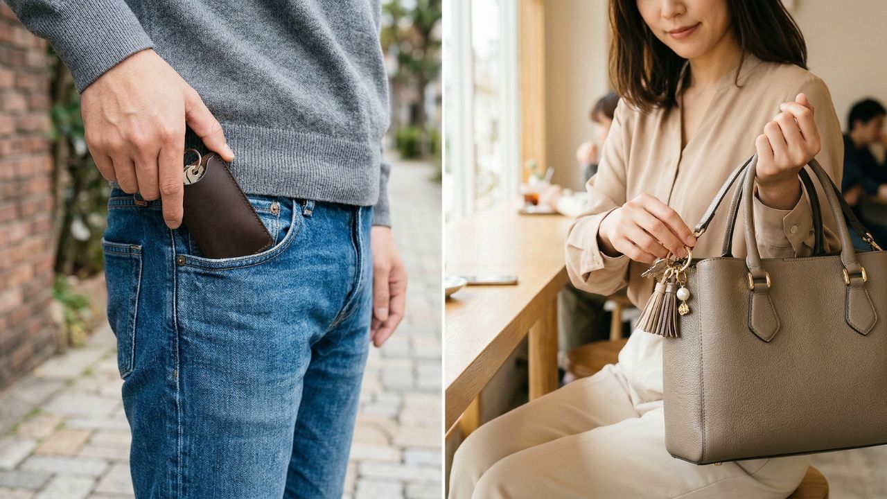 男性のポケット収納と女性のバッグ取り付け、男女それぞれのライフスタイルに合わせた持ち歩き方。