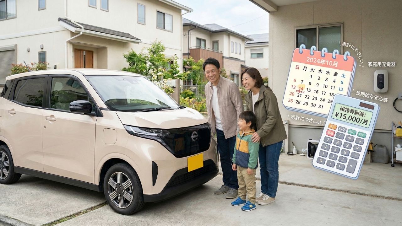 産サクラのバッテリー寿命や交換保証、ガソリン車と比較した年間の維持費シミュレーションのイメージです。