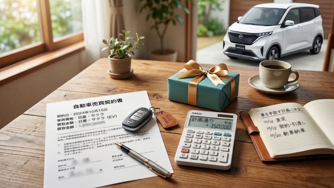 日産サクラを売却する際の補助金返納ルールや、少しでも高く買い取ってもらうためのコツを説明する画像です。