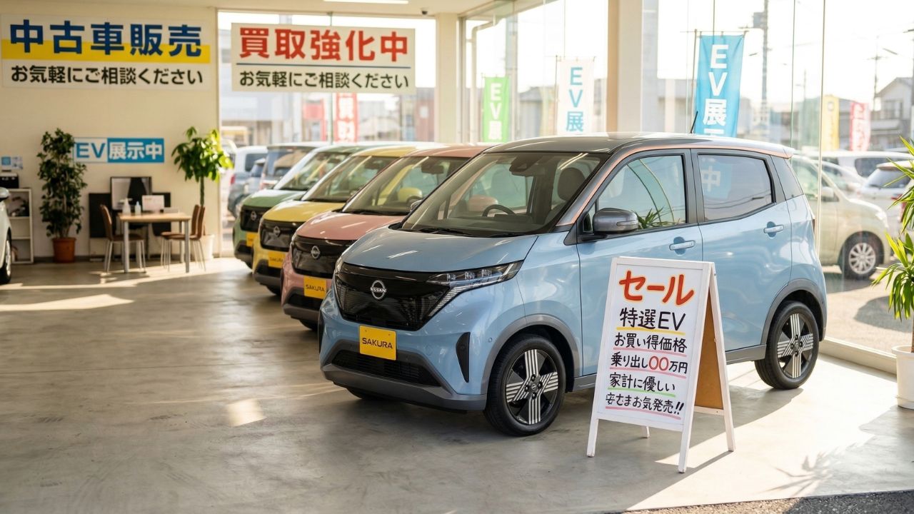 日産サクラの中古車がなぜ安いのか、価格が下がる構造的な理由や背景を解説するイメージ画像です。