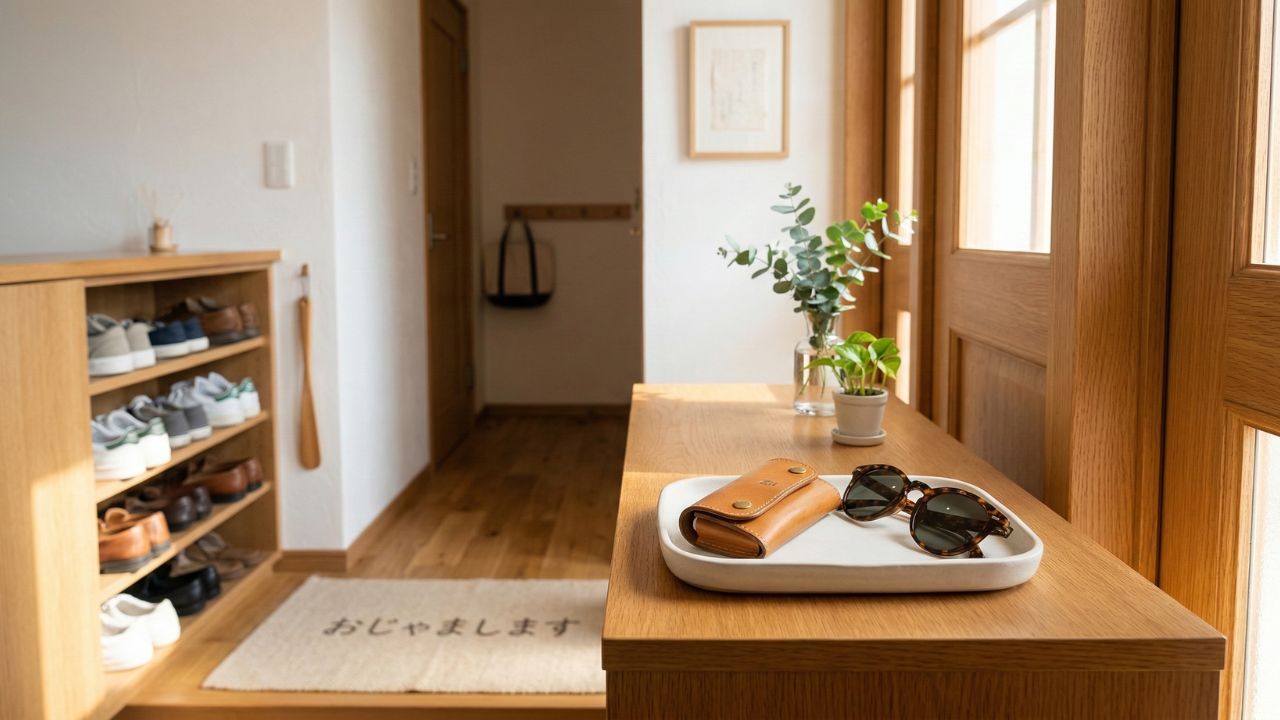 玄関のトレイに整然と置かれた鍵。自分に合う管理方法で見つけた、快適で整った暮らしのまとめ画像。