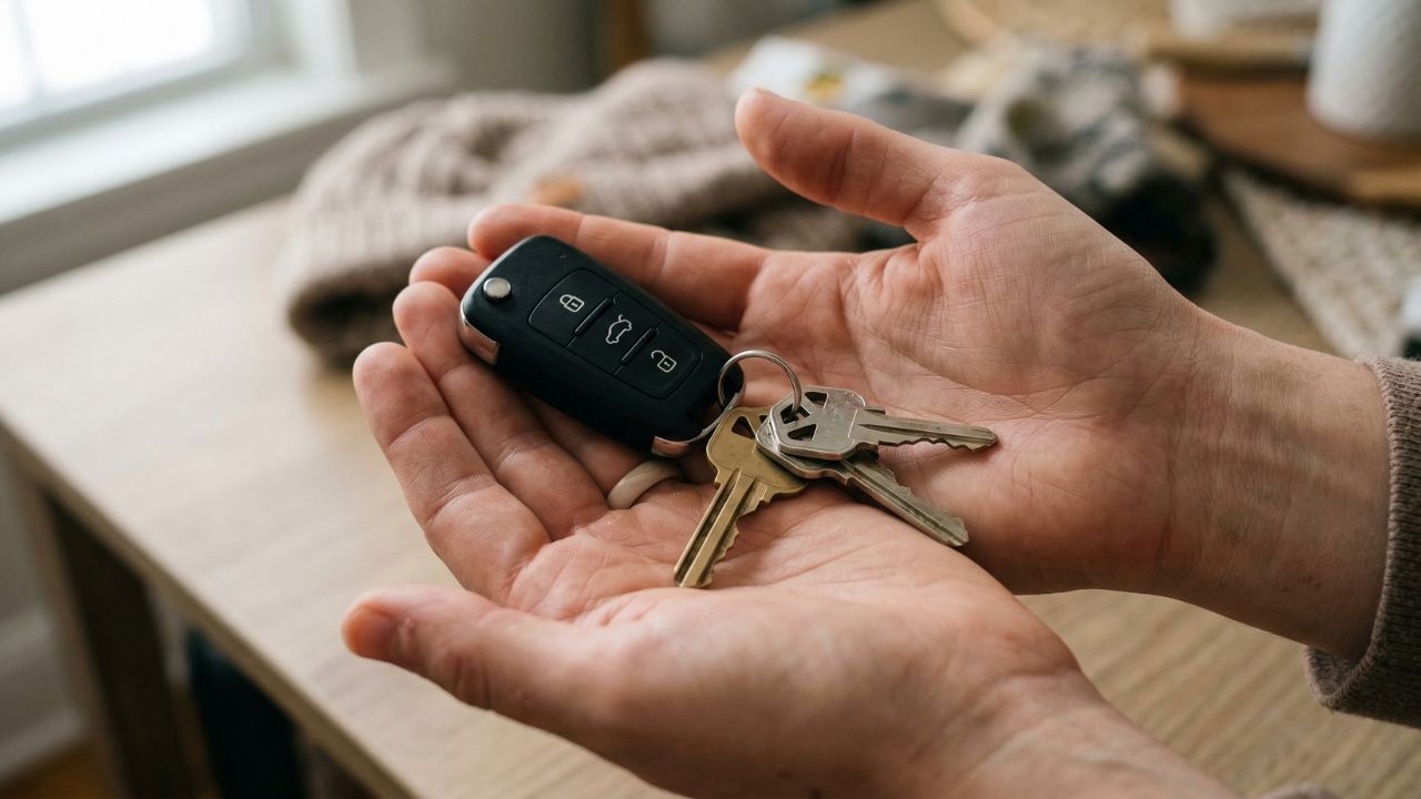 車のスマートキーと家の鍵を手に持ち、持ち歩き方やかさばる悩みを表現したイメージ画像。