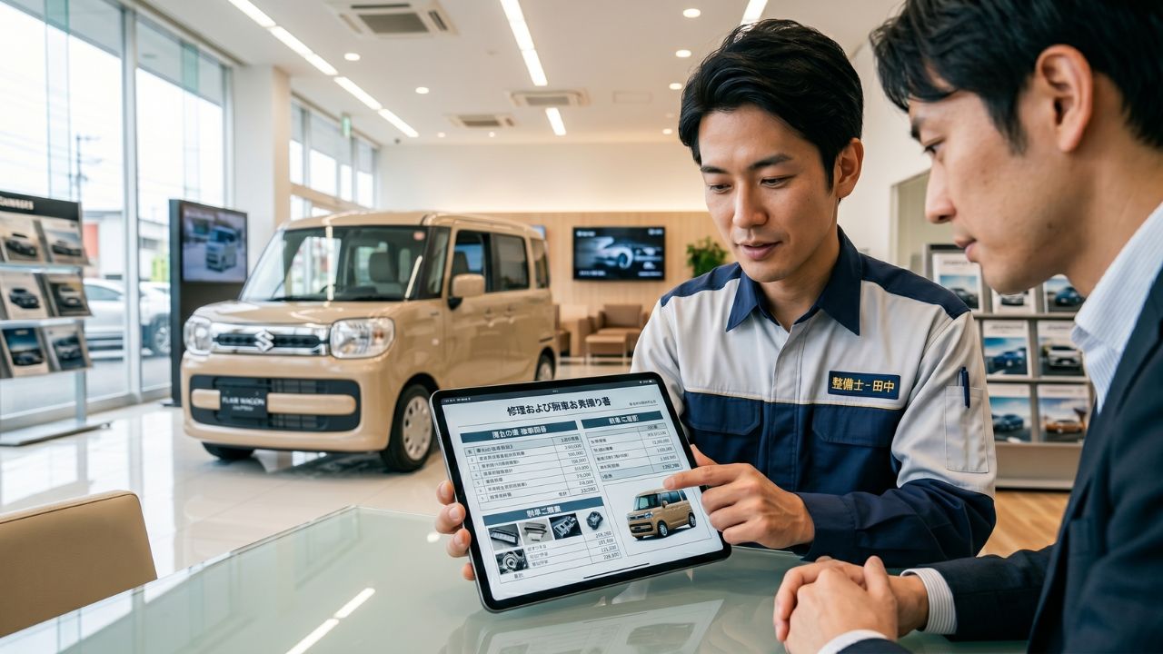 高額なエンジン修理か乗り換えかで悩み、ディーラーで修理見積もりの説明を受けているユーザーの相談風景