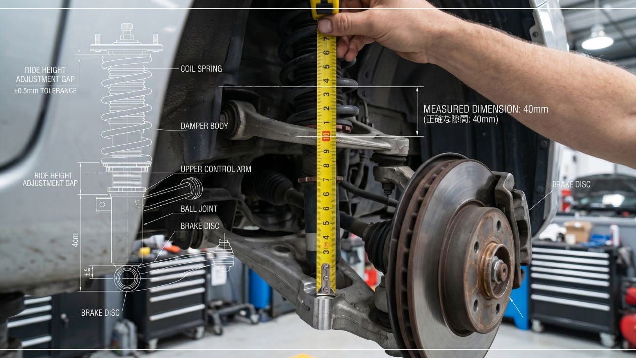 車高を計測するメジャーとサスペンション。リフトアップの合否を決める4cmルールを視覚的に表現。