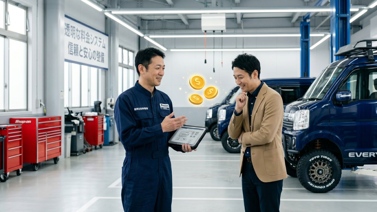 専門店でのリフトアップ相談風景。施工費用や構造変更の相談をする整備士とオーナーの様子。