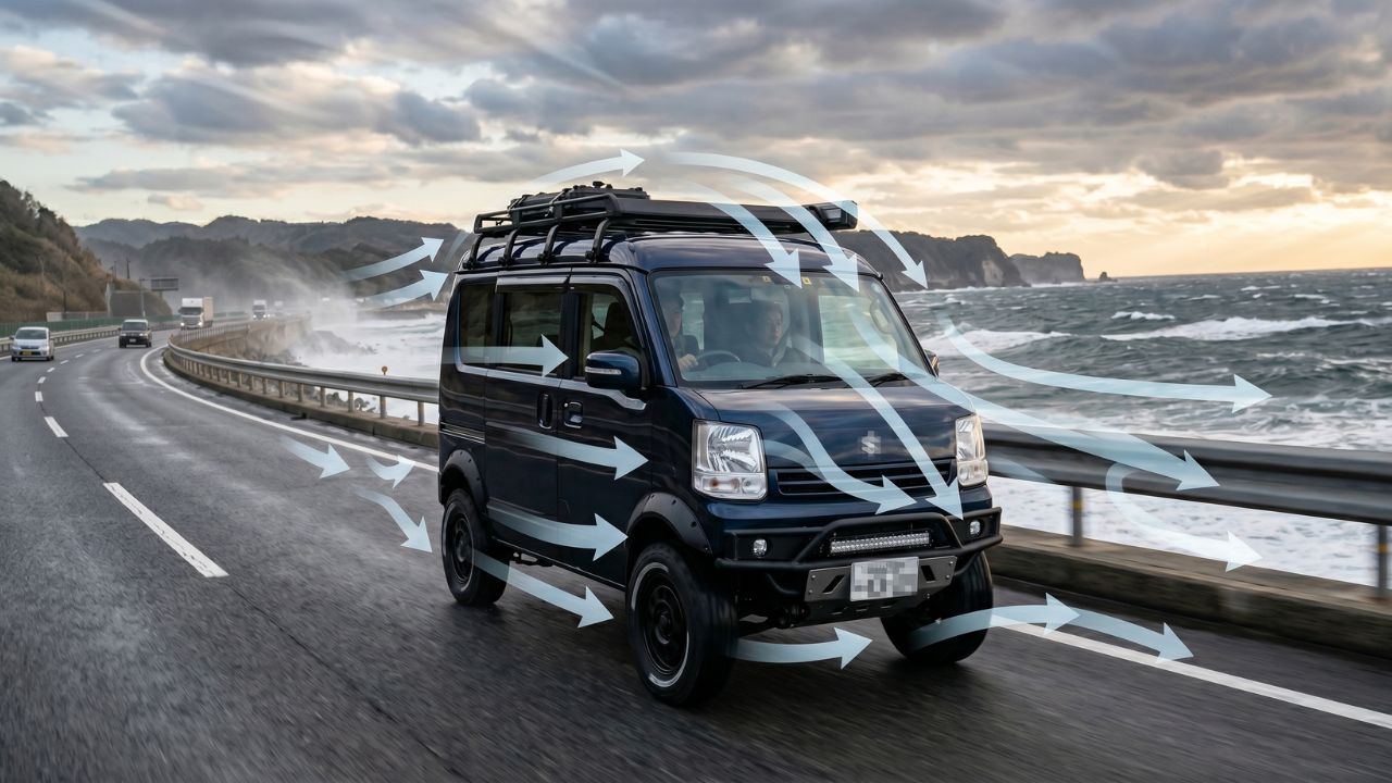 横風を受けるリフトアップ車。走行の不安定さや燃費悪化といったデメリットとその対策のイメージ。