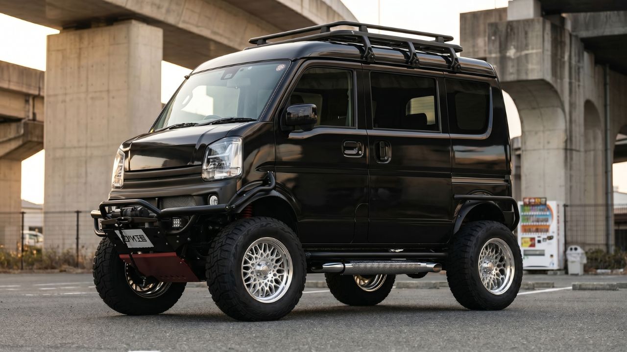 車検場でNG判定を受けるイメージ。直前直左の死角や灯火類など、禁止されるカスタムの警告。