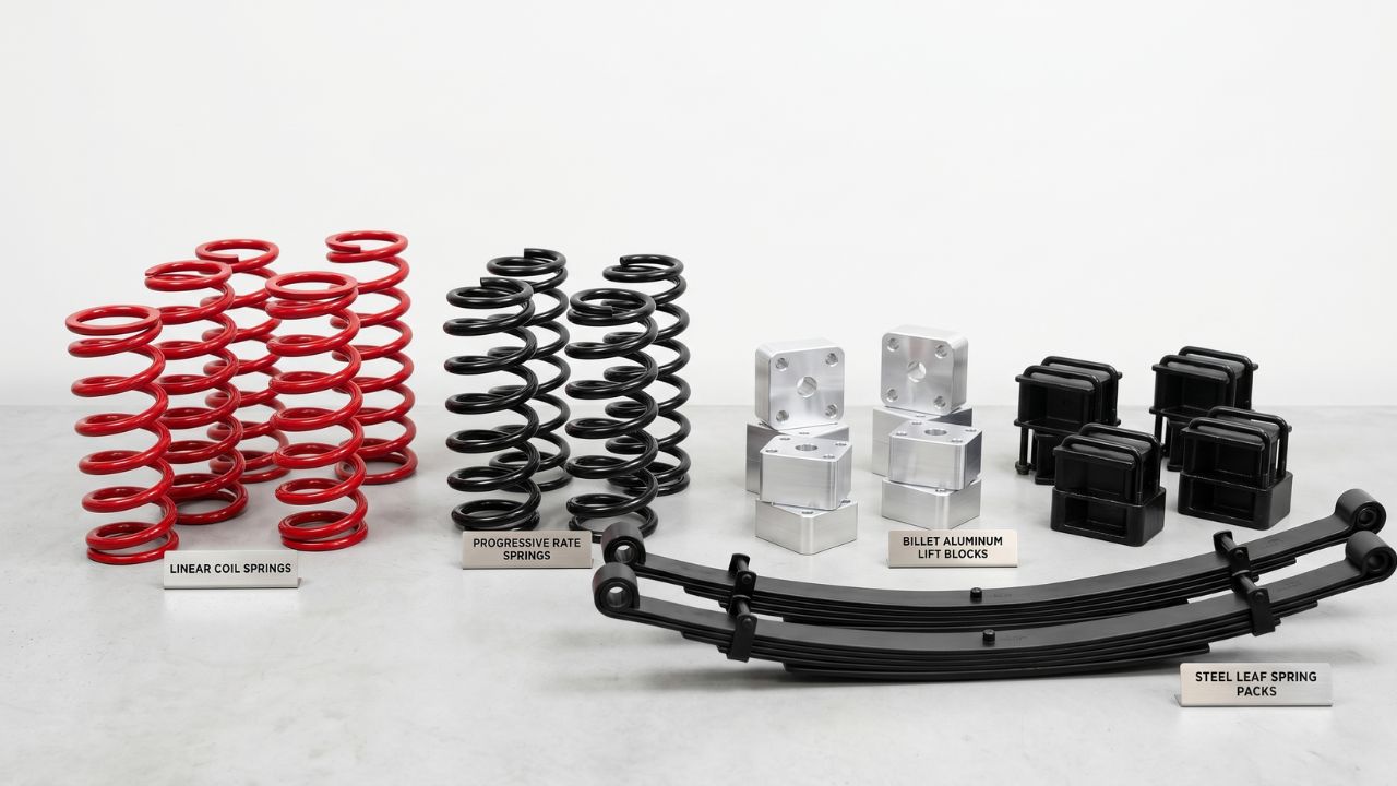 エブリィ用のおすすめリフトアップキット。スプリングやブロックなど種類豊富なパーツの並び。