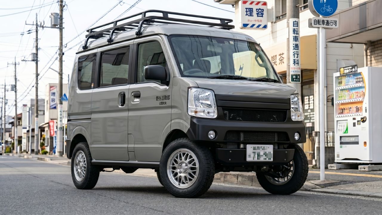  公道を走行する合法的なリフトアップ仕様のエブリィ。クリーンな街並みに馴染むカスタム車両のイメージ。