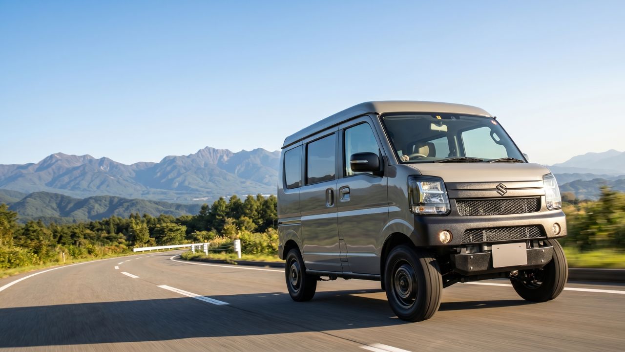 合法リフトアップされたエブリィが山道を走る様子。車検対応の4cmルールを守ったカスタムガイドのメイン画像。