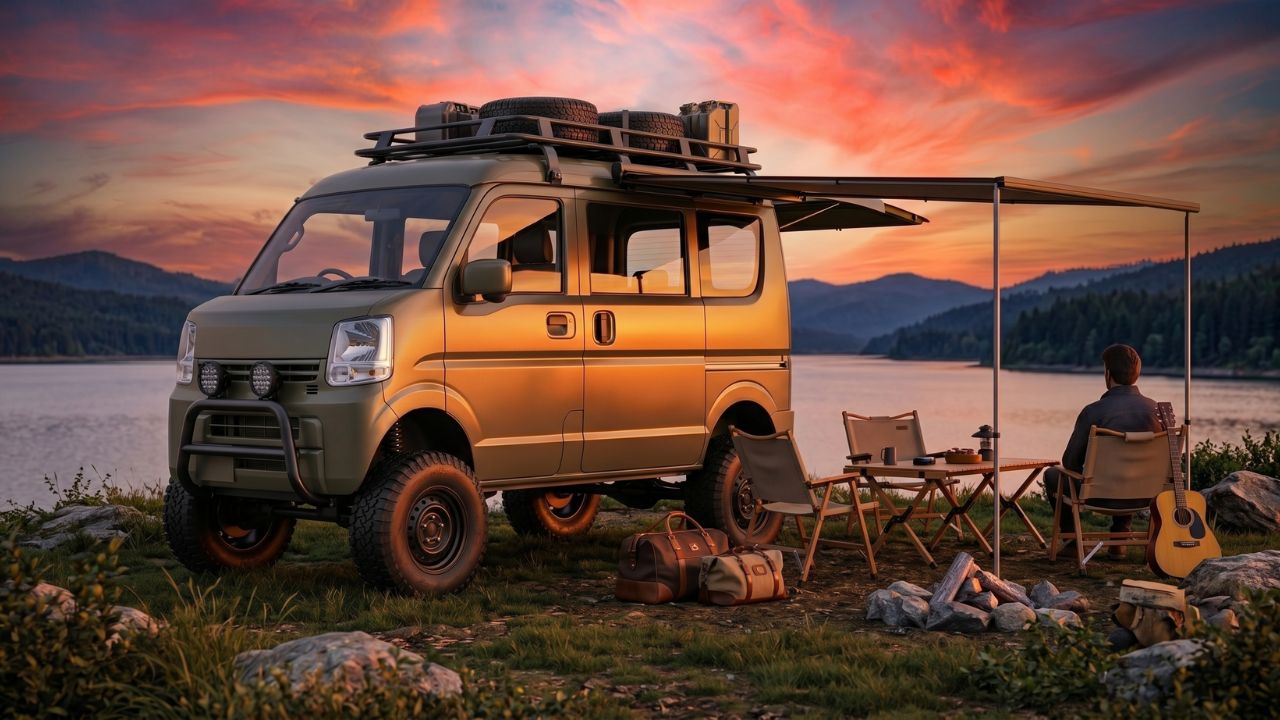 キャンプ場で夕陽を浴びるリフトアップしたエブリィ。正しい知識で完成させた理想のアゲバンライフ。