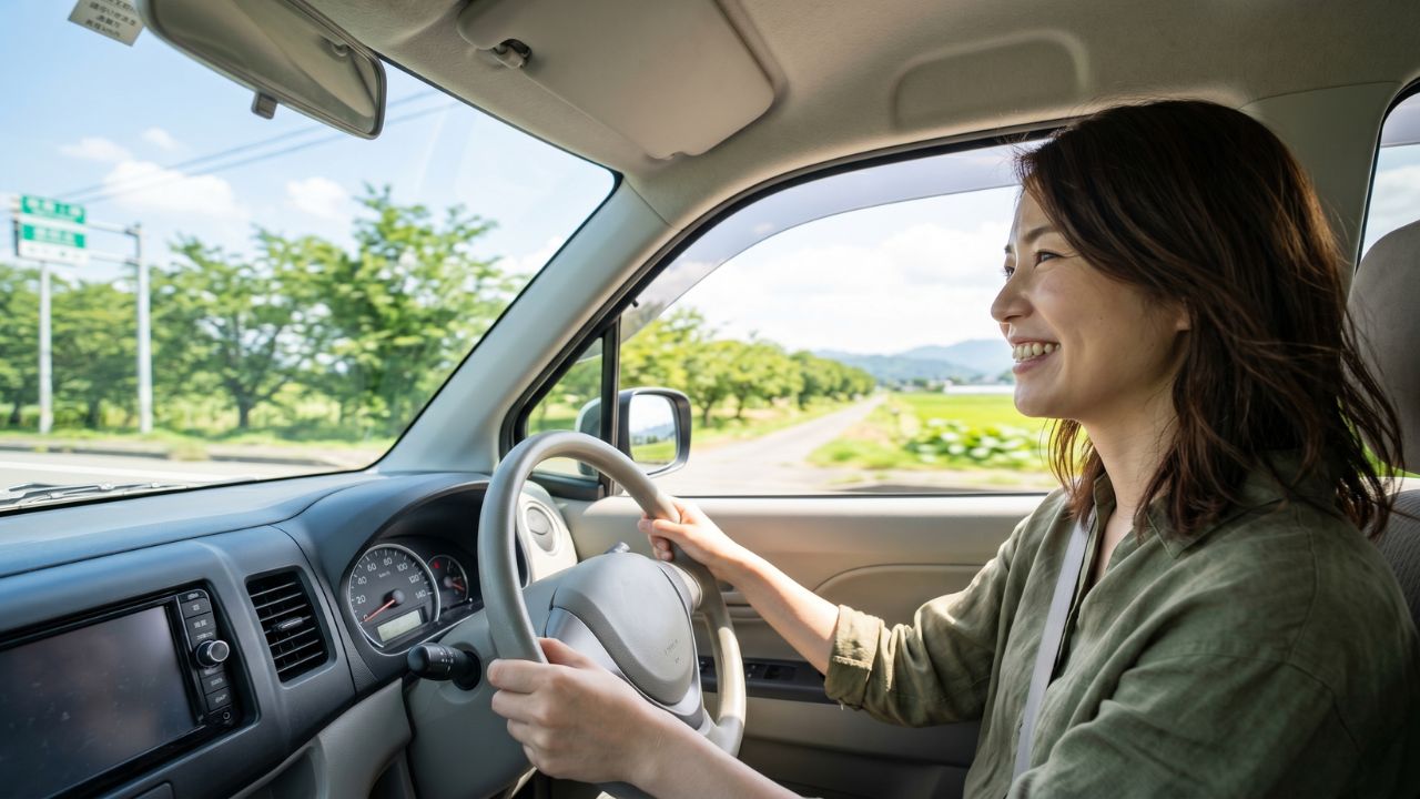 エンジンの点検整備を終えて、静かになった軽自動車で安心して快適なドライブを楽しむドライバーの笑顔