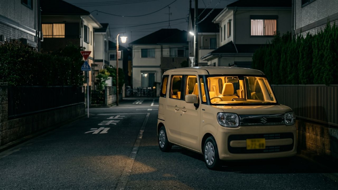 夜間の閑静な住宅街で、エンジンの騒音が近所迷惑やトラブルの原因になりかねない状況をイメージした写真