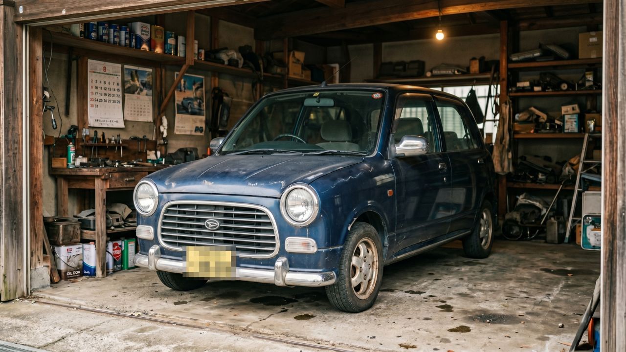 経年劣化によりエンジン音が大きくなりやすい、年式の古い軽自動車がガレージに駐車されている様子