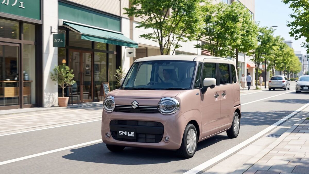 街中を軽快に走るベージュ色のおしゃれな軽自動車と、良好な燃費をイメージさせるクリーンな街並み。