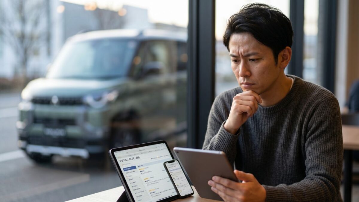 デリカミニの購入で後悔しないか、スマホで口コミを調べながら真剣に悩んでいる人の写真