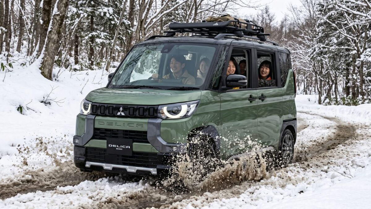 雪道や泥道を力強く走破するデリカミニ。三菱自慢の4WD性能を象徴する画像。