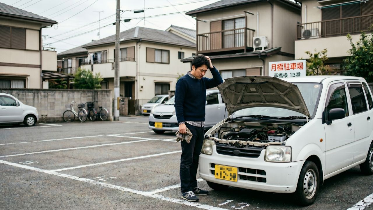 軽自動車のエンジン音の異変に戸惑うドライバーと、点検が必要な車の様子を描いたメインアイキャッチ写真