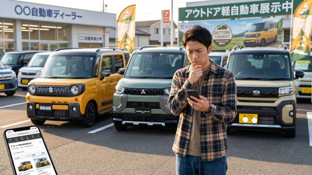 スマホ片手に複数のアウトドア向け軽自動車を見比べて悩んでいる人の写真