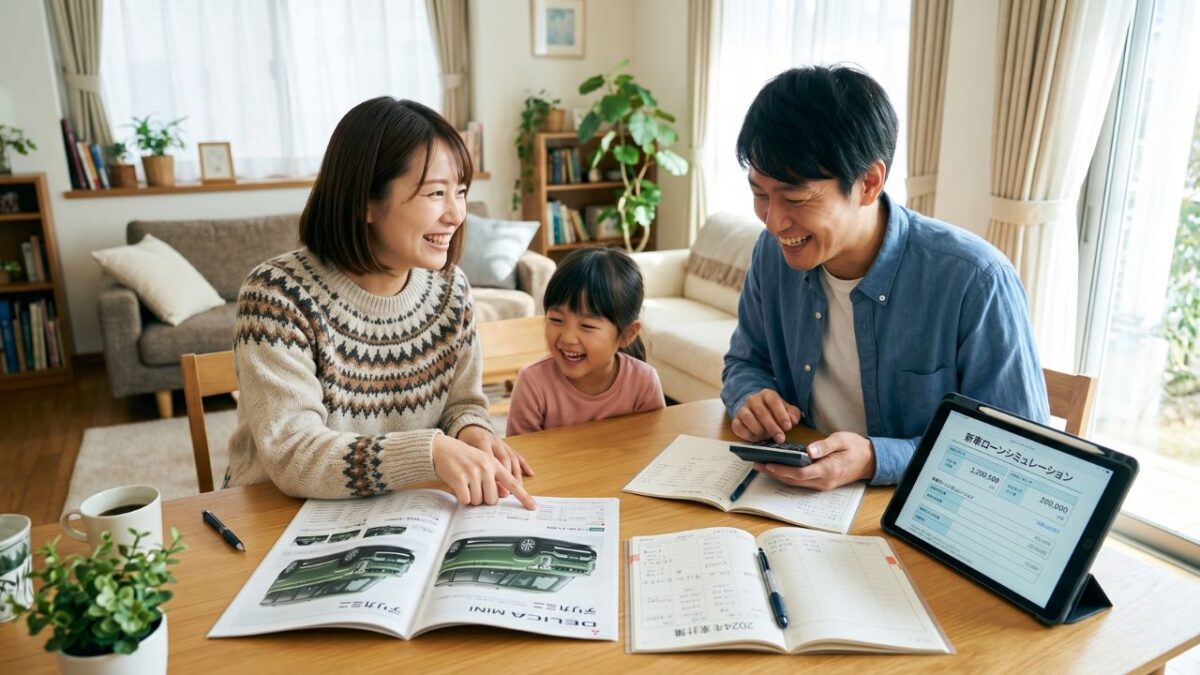 カタログや家計簿を広げ、笑顔で新車の購入計画を立てている写真