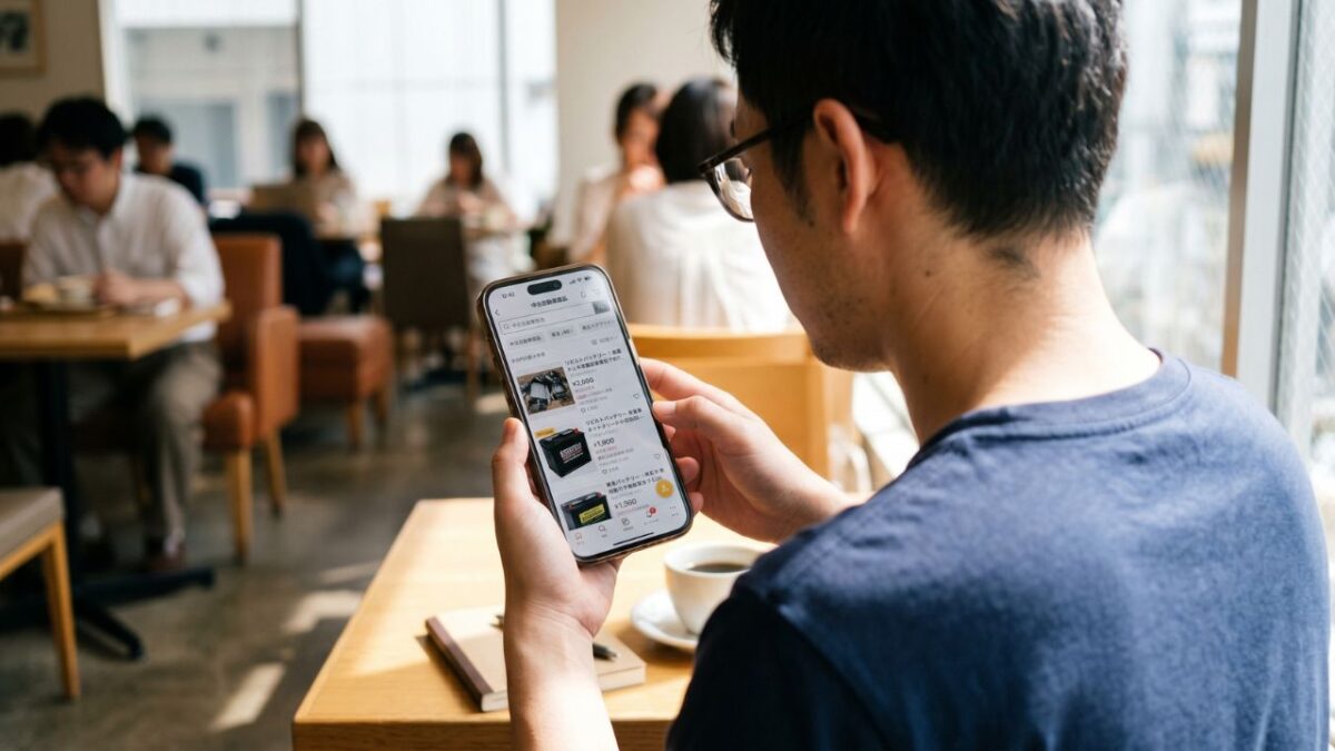 費用を抑えるために、スマートフォンでネットオークションの中古やリビルト品バッテリーを探している写真