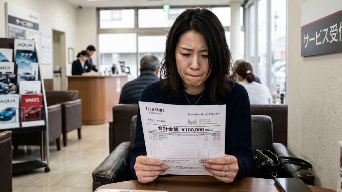ワゴンRのリチウムイオンバッテリー交換費用である10万円の見積もりを見て驚いているオーナーのイラスト