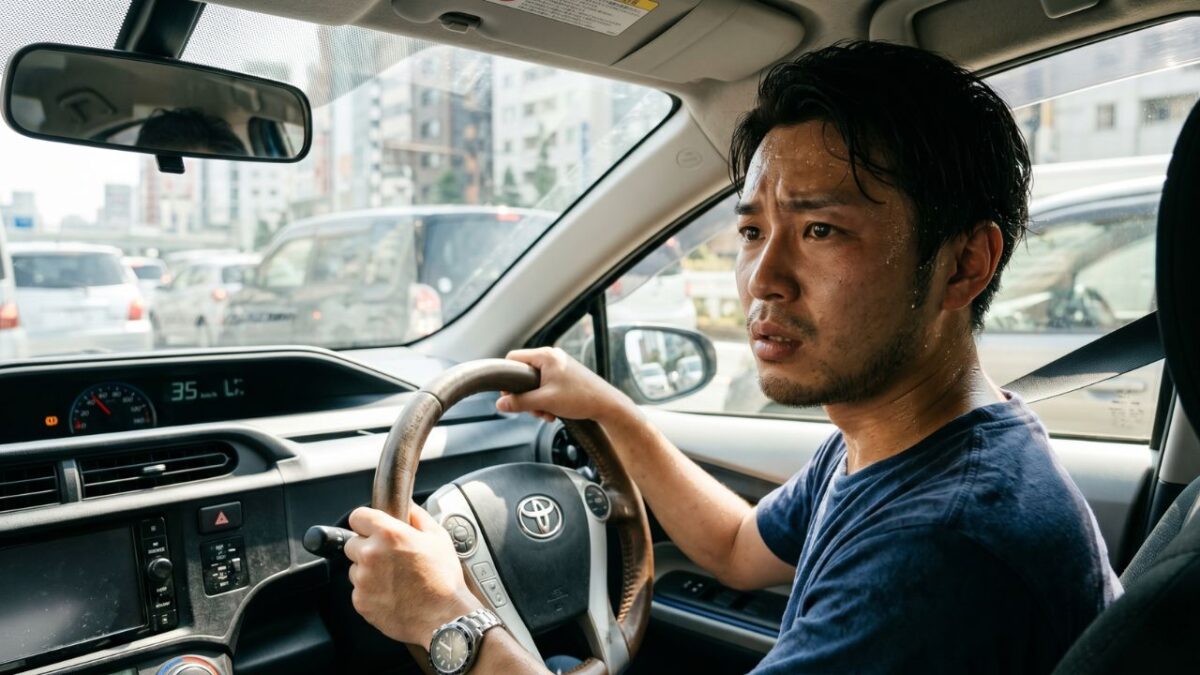 バッテリー異常を放置したためエアコンが効かず、真夏の車内で汗をかきながら運転するストレスフルな写真