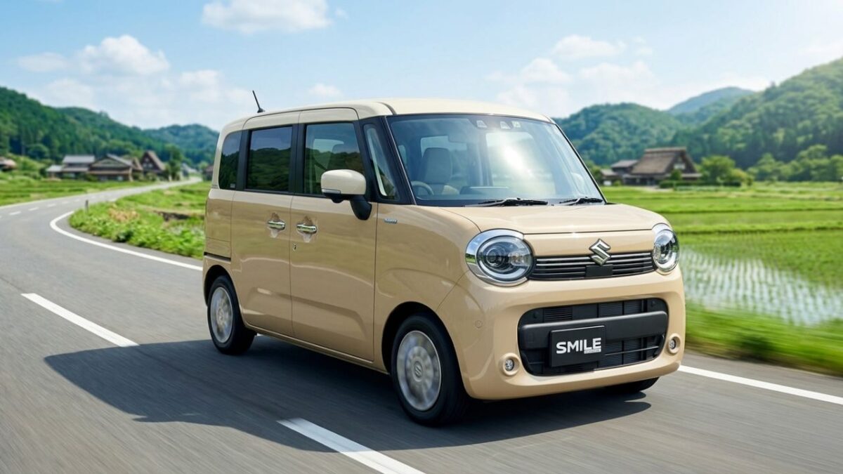 青空のもと、おしゃれなベージュのワゴンRスマイル風の軽自動車が、緑豊かな郊外の道路を軽快に走る様子。