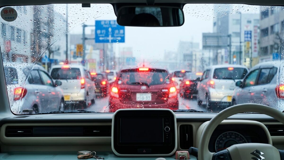渋滞する道路を走る車や冬の寒さなど、車の燃費が一時的に低下する主な原因を表現したイラスト。