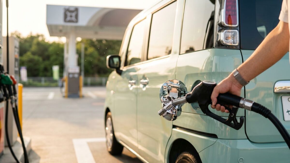 ガソリンスタンドでスマートに給油を行う様子と、車の駆動システムを表現したシンプルなイラスト。