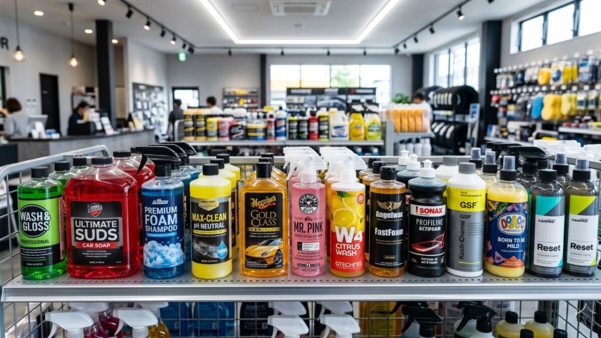 カー用品店の棚にずらりと並んだ、様々な洗車目的やコーティングに対応する専用カーシャンプー。