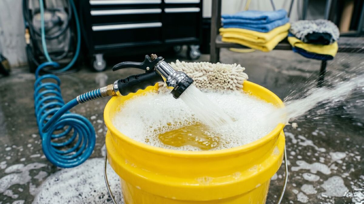 洗車バケツの中で水としっかりと混ぜ合わせ、細かくフワフワに泡立てられた食器用洗剤の希釈液。