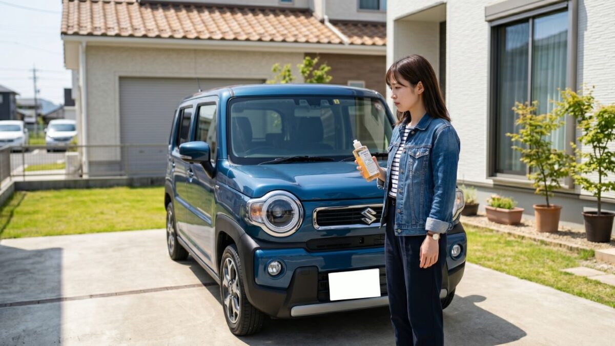日本の軽自動車の横で、食器用洗剤を手に持ち、洗車に使えるか悩む日本人の女性ドライバー。