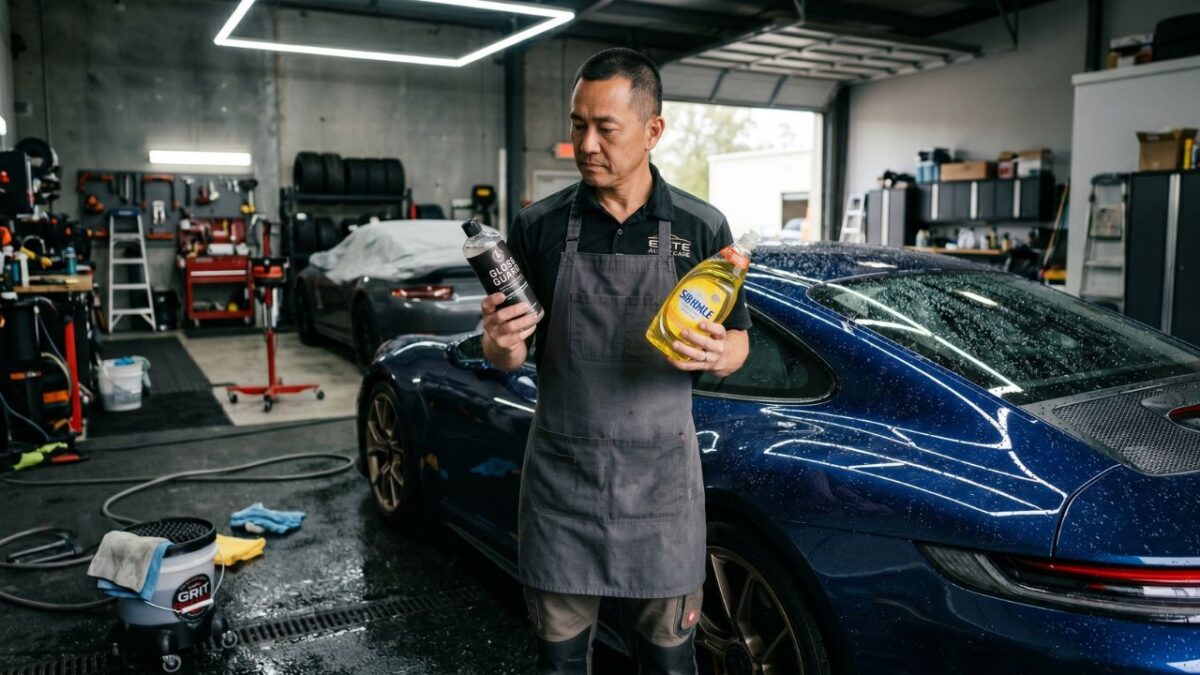 洗車用カーシャンプーと台所用洗剤を両手に持ち、代用を検討している日本人のプロの整備士。