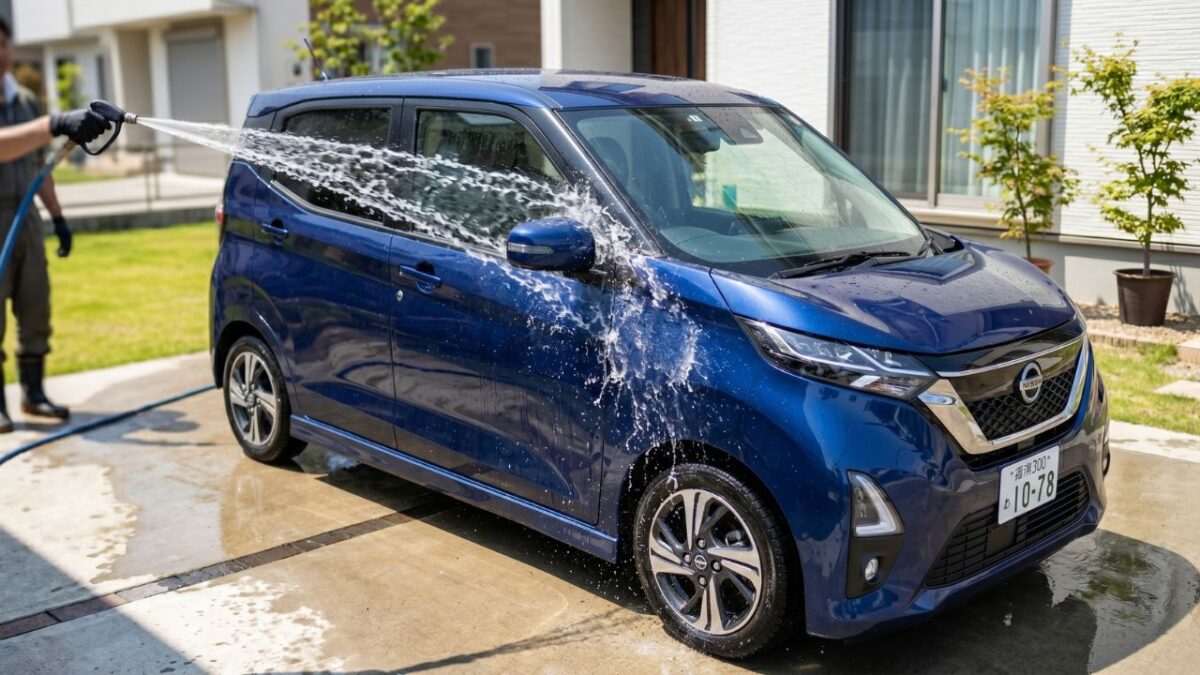 洗剤を一切使わず、たっぷりの水を高圧ホースで車体に吹きかけてホコリを洗い流す水洗い洗車の様子。
