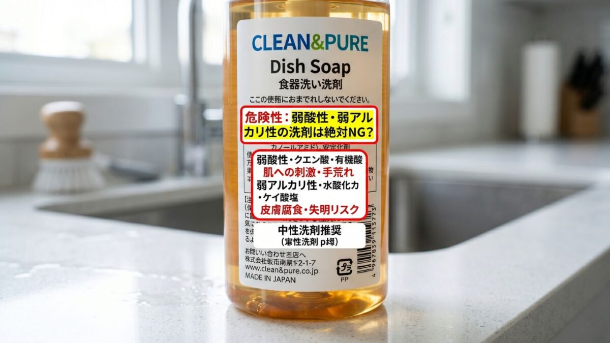 中性であることを確認するために、食器用洗剤ボトルの裏面に書かれた成分表示をチェックする様子。